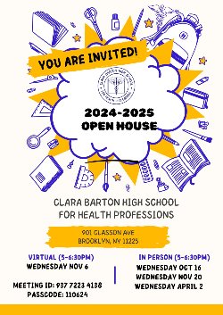 text: You are invited above a cloud with the Clara Barton High School emblem and text that reads 2024-2025 Open House